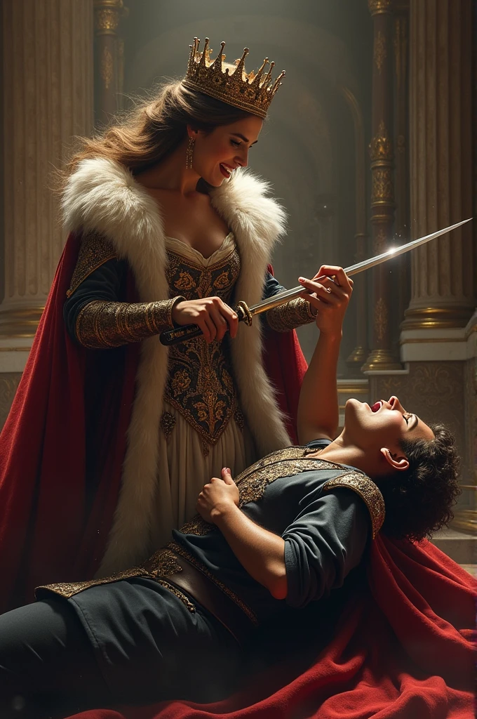 A queen stabbing a prince in the heart with a sword