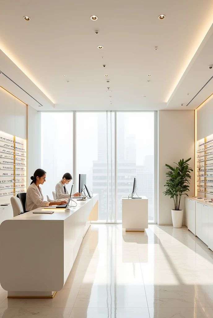 Interior design for an optical center with gold and white with desks and counters with computers and flat screens