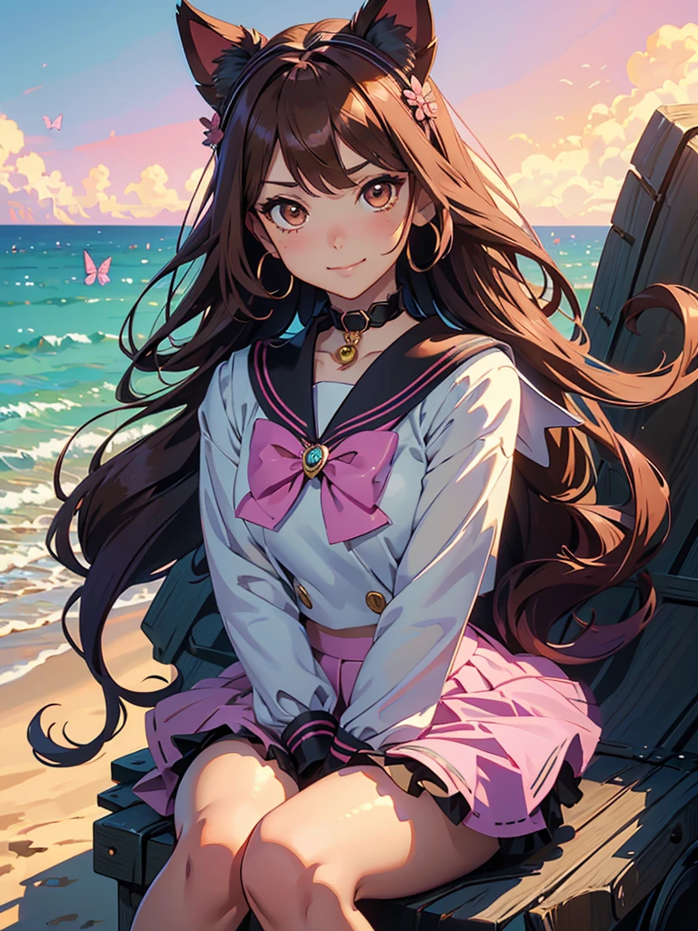 masterpiece, high quality, standing, 1_women, (upper body), (((looking at viewer))), (bright brown pink hair), long hair, cute bangs, flowing hair, (exotic skin_complexion:1.4),mature, tall, diamond shaped eyes, (((brown eyes))), dark_eyeliner, long_eyelashes), beautiful, exotic, elegant, (((sailor collar))), black thigh highs, medium bust,, pink and teal ta style skirt, knee high heel with laces, natural dynamic lighting, ((smirking)), lolisakura bright sky,cat ears, butterflies, brown hair, sitting down, beach, hair bows, mature woman