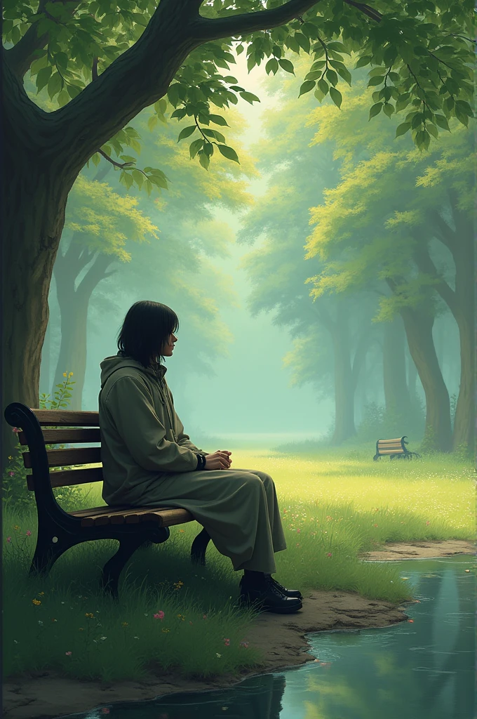 Create an image that illustrates the idea of ​​‘waiting patiently.’ This could include a calm, serene scene, such as a person sitting on a park bench looking out at the surrounding nature. Display elements that symbolize tranquility and waiting, such as an antique clock or an hourglass. The color palette should be soft and relaxing to convey a sense of calm.”