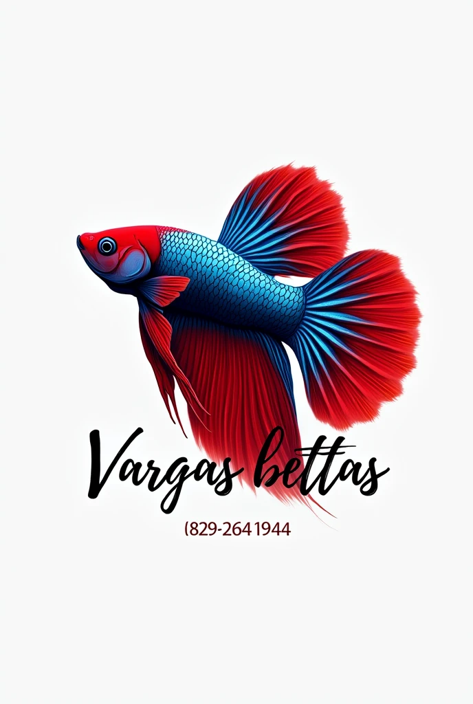 Create me a logo of a red and blue betta; that has short fins and my name VargasBettas, My cell phone number 829-264-1944 should be noted in black and pretty letters