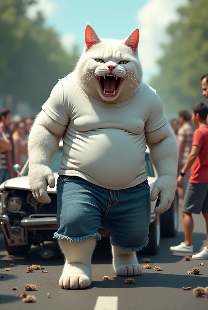 Ek white muscular cat jisne white t-shirts and blue shirt blue jeans pehni h uska black car accident ho or uske legs breck ho gya or wo dard se chilla rha h seen road ka h jha bhut sare log h  