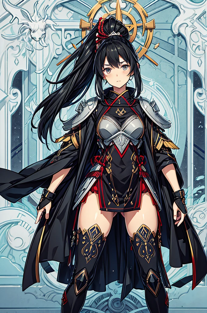 (best quality, High resolution, Textured skin, high quality, Precise CG unification, game CG),((One man)),Are standing, black ponytail hair, slanted eyes, Japanese style armor,