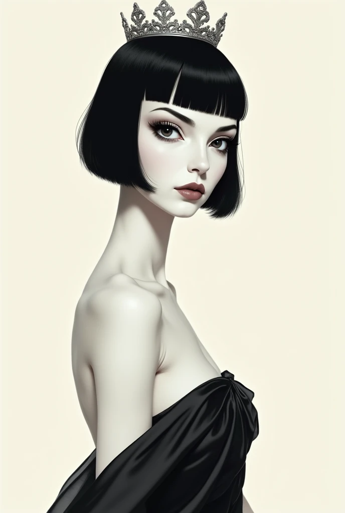 A black-haired, black-eyed woman with a crown and bangs, wearing an evening gown, is a 2D white-skinned woman.