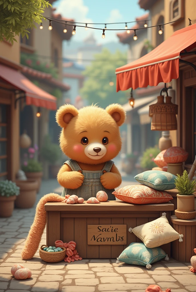 Little bear selling pillows at his stand, bed covers, Mantones 
