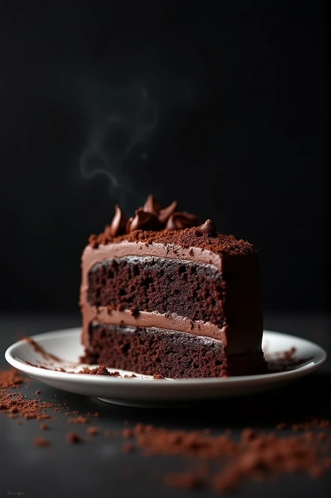 cinematic film still chocolate, chocolate cake, dark background, quality photo, moist texture, frosting, studio photo, slice . shallow depth of field, vignette, highly detailed, high budget, bokeh, cinemascope, moody, epic, gorgeous, film grain, grainy