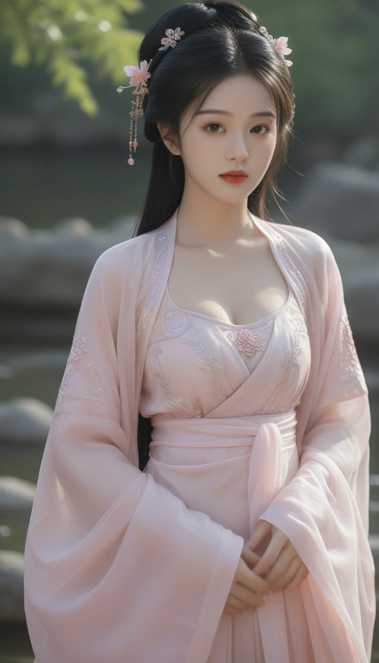 Ultra realistic, Intricate, Epic movie scene),1girl,hanfu,full body,(big tight large breasts), casting an otherworldly radiance on its surroundings,(Intricate, Lots of tiny details, amazing lighting, amazing setting),(Colorful, Ultra Realistic, High quality, Highly detailed, Sharp focus, 8K UHD, Ultra realism，(smile:0.3), ((soft pink nipples)), ((naked)),