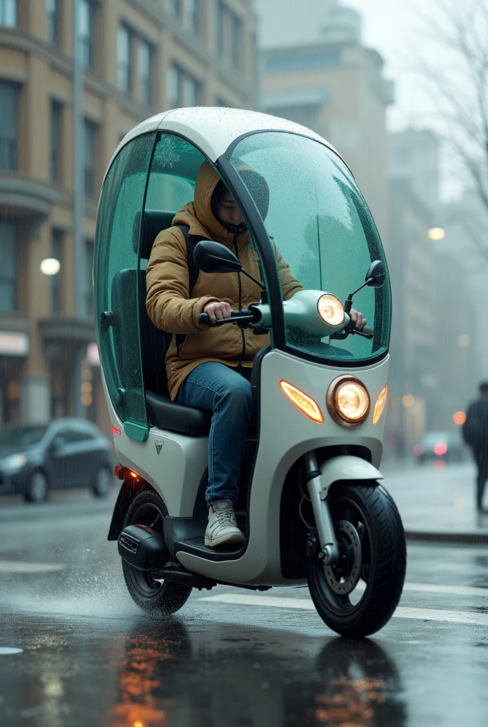 A student on a scooter,but is protected from the rain like in a cabin while going through the school