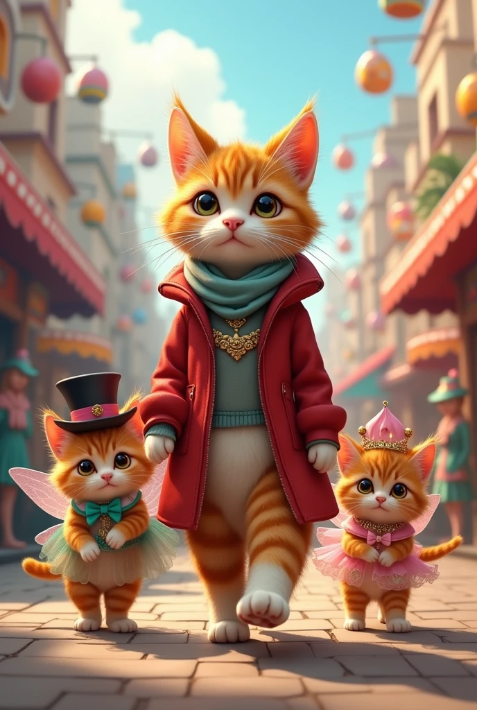 Horacia the adult cat tour guide took the kittens in dress-up clothes to the city amusement park.