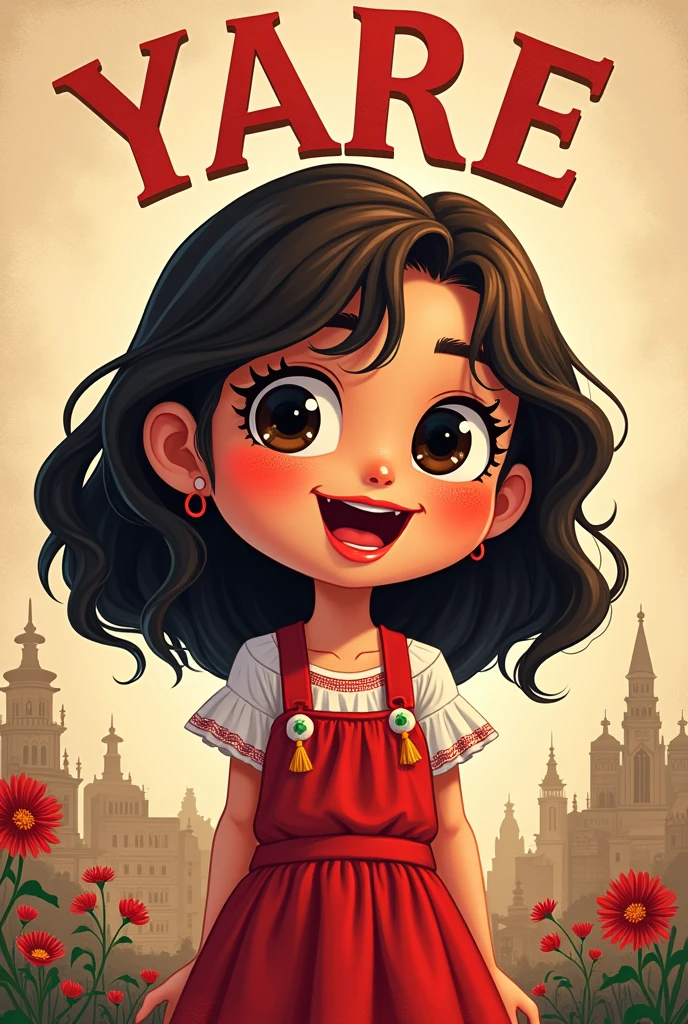 A cartoon of a girl with dark brown eyes,Lips painted strawberry red,shoulder length wavy hair dark brown color,fringe on each side,that says the name Yare in capital letters, dressed as a Mexican, below the girl with an image related to the independence of Mexico