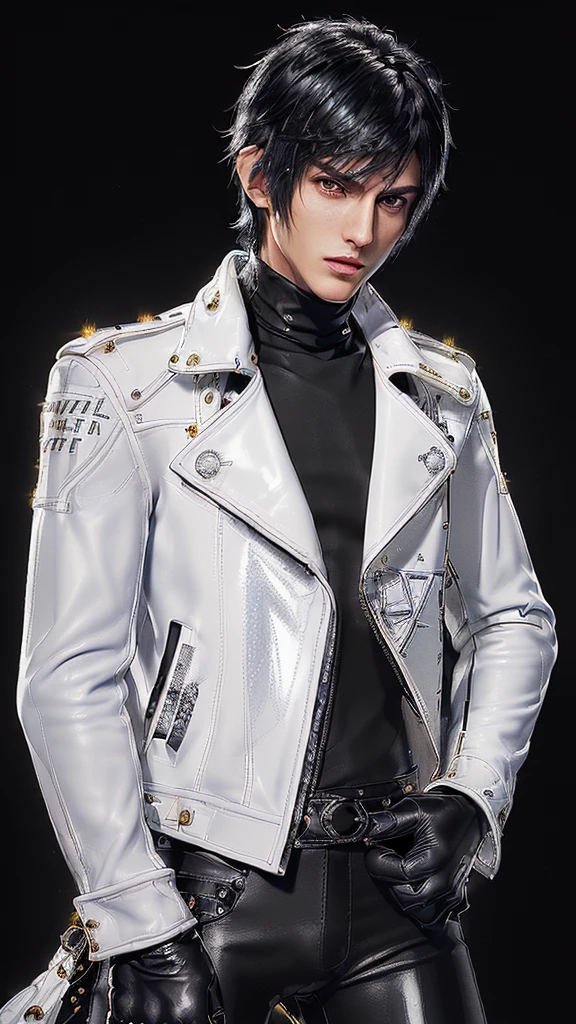 ((Final fantasy taste and reality graphics)), ((Japanese young cute and cool ikemen  boy)), his age is early 20s, thin eyebrows and beady eyes,  ((((he wearing white color and very shining brightly enamel leather thick single-brest motorcycle jacket)))), ((with epaulet)), ((enamel leather jacket close all zippers)),, ,(( jacket collar is very high length stand-up collar with belts)), , (((also wearing black color turtleneck very shining brightly enamel leather shirts))),  (((tight black and very shining brightly enamel leather pants))), ((((very shining brightly black enamel leather tight and thin glove)))), ((black color and vety shining brightly leather knee-high raceup boots)),head-to-toe, whole body, boy looks like fashion model,Do not show skin from the neck down,(((all his clothes are smooth design and very shining))),(((Avoid adding unnecessary decorations to your clothes))),(((all clothes is simple design and appearance)))