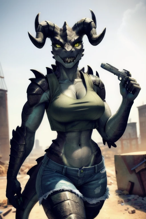 (((Masterpiece))), ((4k)), (best body), Solo, score_9,score_8_up,score_7_up, kemono style, Anthro deathclaw from fallout, Anthro reptile girl, snout, green scaled skin, gold eyes, black lips, black horns, black ram horns, athletic body, smiling, walking in a ruined city, holding a rusty gun, wearing bodyarmor, bulletproof vest, blue jean shorts and a blue tank top, sfw, intimidating woman, monstergirl, sleek female dragon head, as an anthropomorphic dragon, commission for high res, female dragonborn, well designed female dragon head, anthro lizard, female fursona,  female dragon head