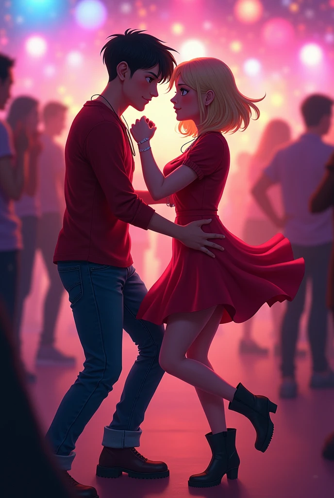 Human Hair: short eyes: Coffee Hair Color: black CLOTHING: shirt and jeans Color of the clothes: the red shirt and net pants Accessories:a clock Age:36 years Place:A Gender Party: masculine
*With the girl with blonde hair, red dress, black boots, blue eyes.*
*that they are dancing.*