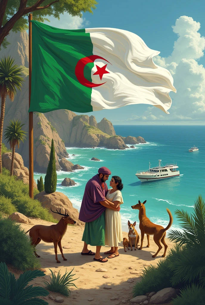 l'Algérie Béni du ciel les animaux sont les amis des Algériens en symphonie avec le peuple que ça soit la mer ou la terre ferme domestique sauvage ils sont les amis des Algériens le drapeau algérien vert blanc croissant de lune l'étoile rouge sang