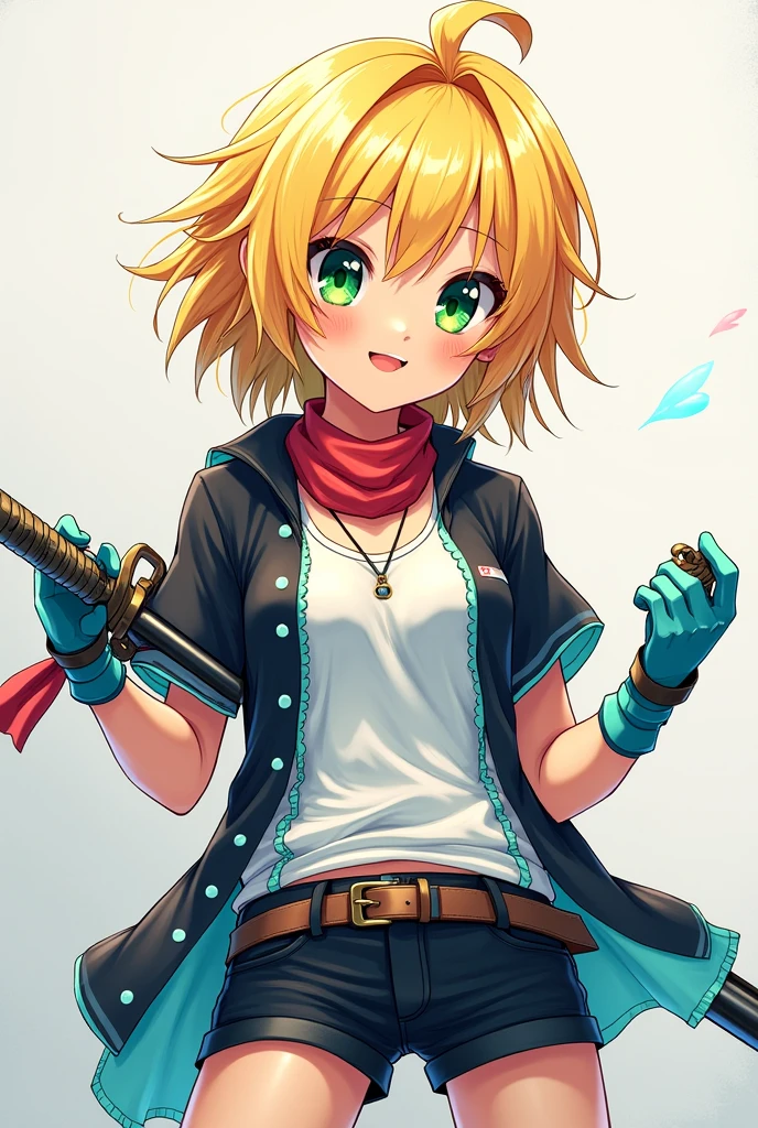 Smiling 1 white girl with blonde hair and green eyes with small cyan streaks in her hair wearing a black shirt and an open white tank top with cyan details on the edges over a black t-shirt, wearing a light red bandana around his neck, wearing a cyan glove on both hands and wearing short black shorts holding a long thin sword 