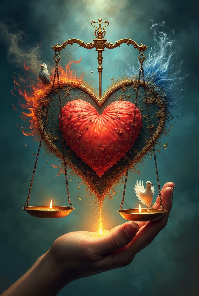 a heart in the center, with a balanced scale inside. One side of the scale could have elements that represent emotions (like fire for anger, drops of water for sadness, etc.), and the other side elements that represent calm and peace (like a dove or a ray of light).