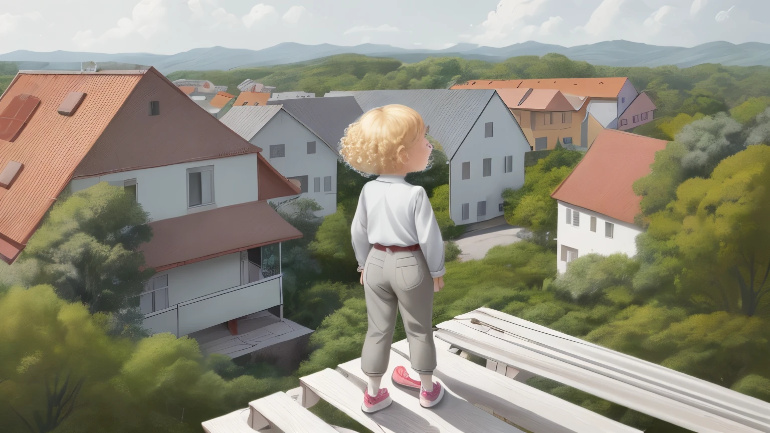 Zdenka Hoa, ten-year-old girl, white, with blonde curly hair, light gray blouse, long sleeves, brown pants, gray sneakers, view from the back, climbing a ladder, looking up, children's book illustration style, art anime