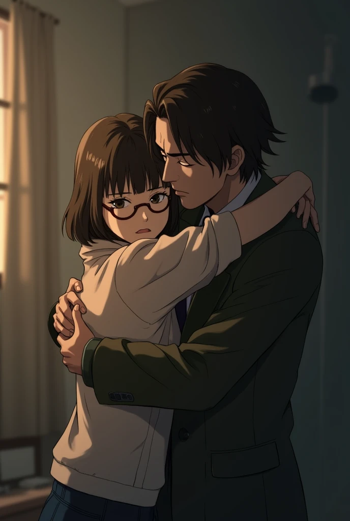 Osamu Dazai character from Bungou Spray Dogs hugging a woman with bangs, medium brown hair and glasses
