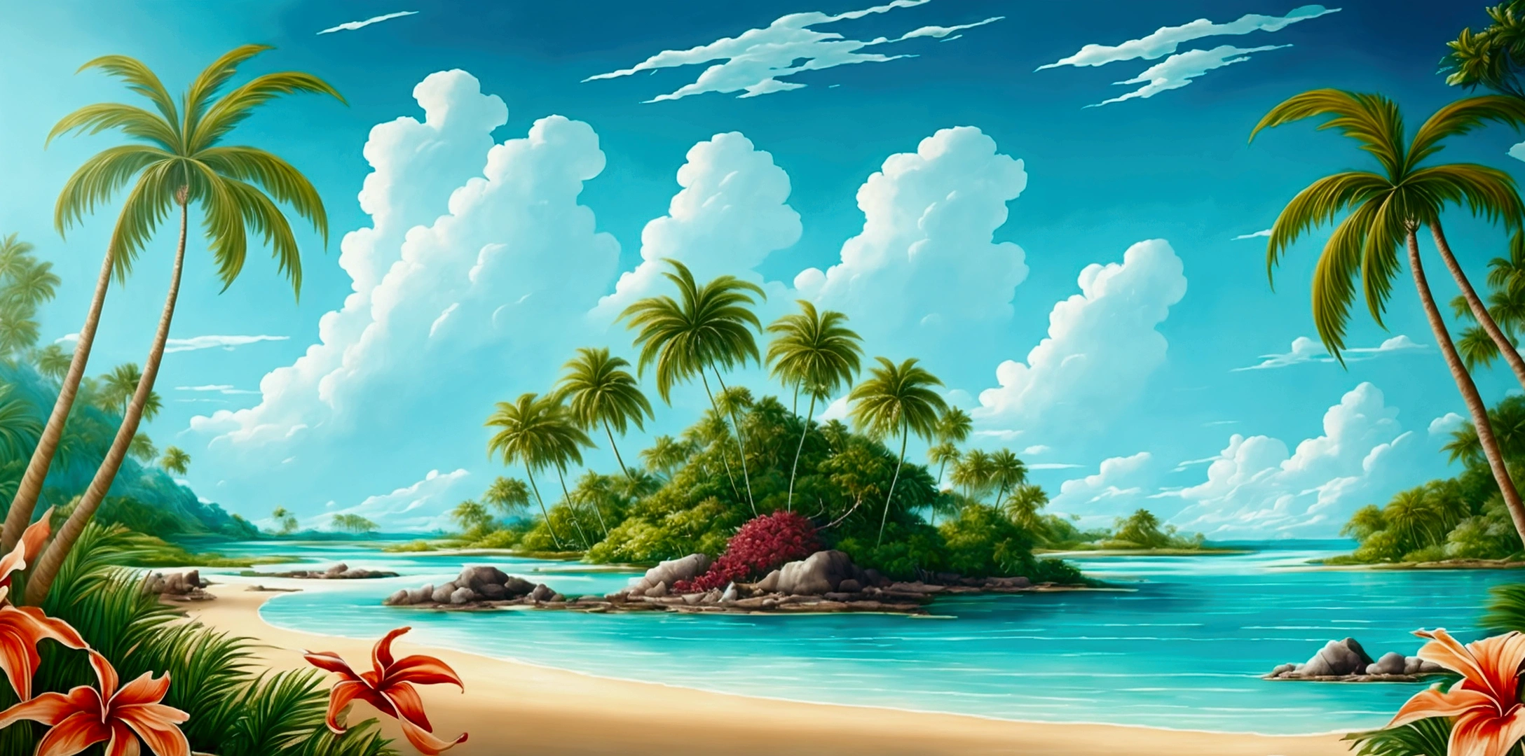 create a stunning painting of a beautiful lagoon. A roaring waterfall. Wonderful turquoise water. Lots of palm trees and a breathtaking jungle around the water. The lagoon opens onto a sandy beach and an open sea. In the foreground is a sandy beach. Breathtaking tropical flowers.