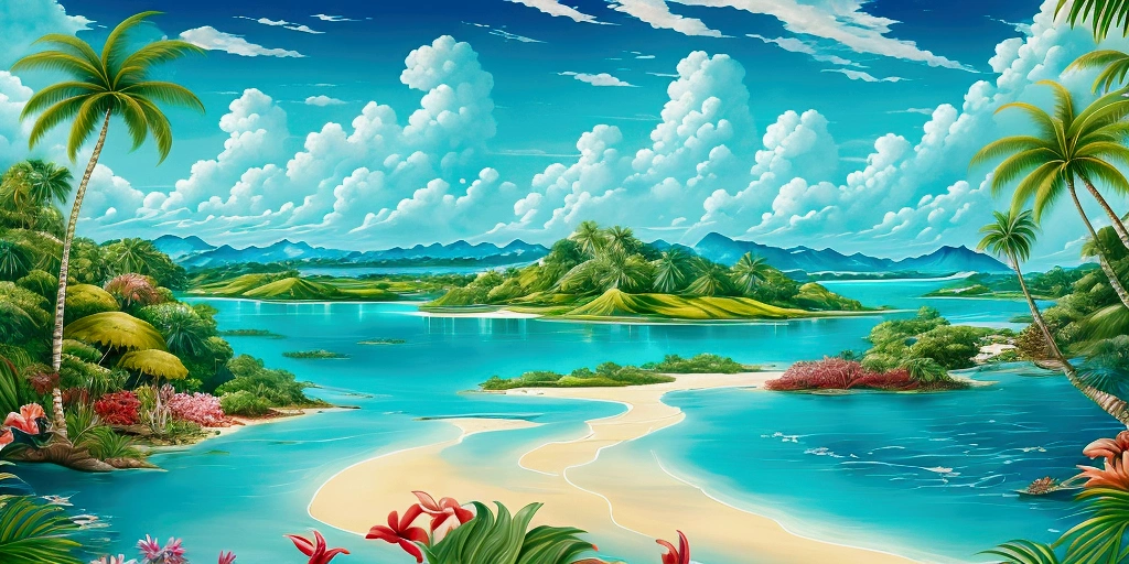 create a stunning painting of a beautiful lagoon. A roaring waterfall. Wonderful turquoise water. Lots of palm trees and a breathtaking jungle around the water. The lagoon opens onto a sandy beach and an open sea. In the foreground is a sandy beach. Breathtaking tropical flowers.