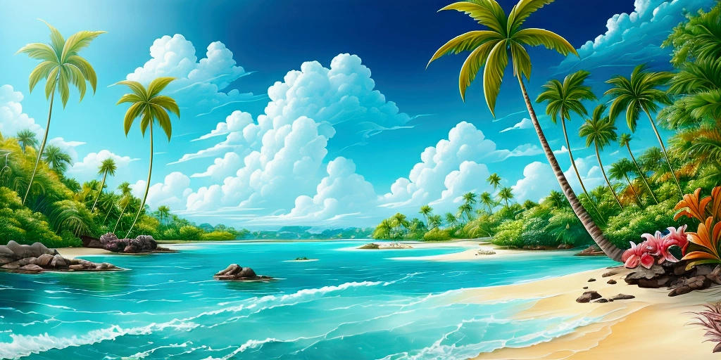 create a stunning painting of a beautiful lagoon. A roaring waterfall. Wonderful turquoise water. Lots of palm trees and a breathtaking jungle around the water. The lagoon opens onto a sandy beach and an open sea. In the foreground is a sandy beach. Breathtaking tropical flowers.