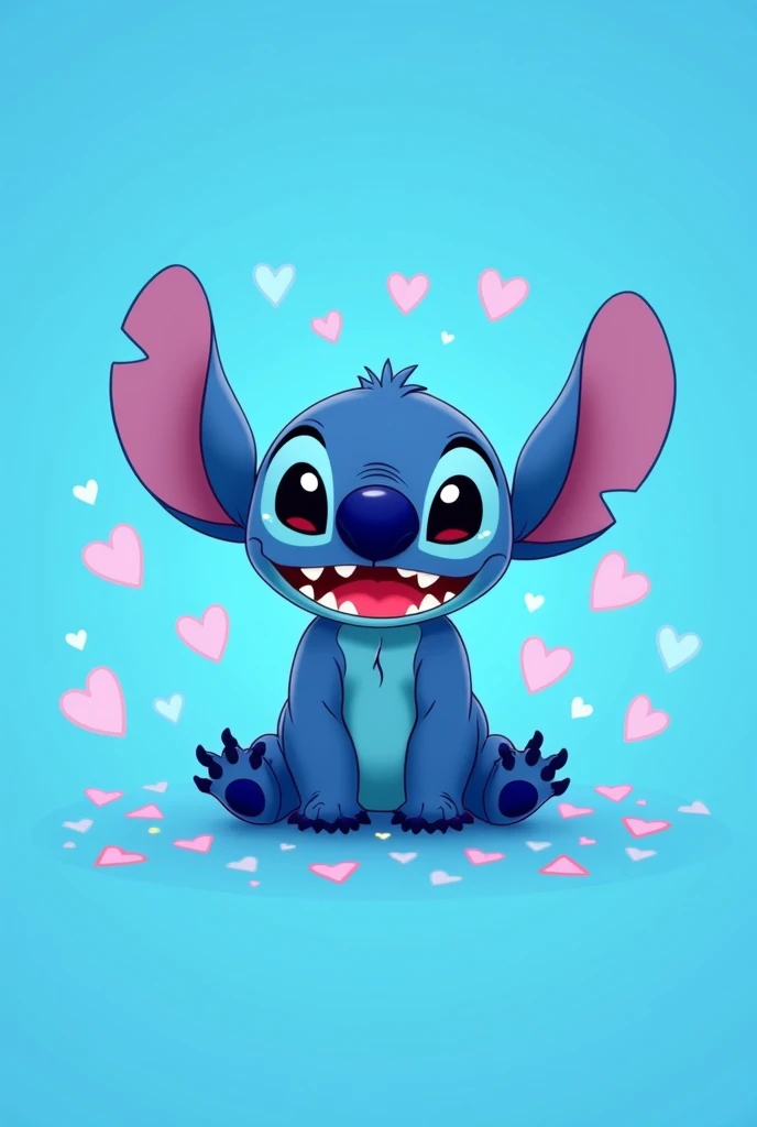 Stitch 2d with blue background and hearts in blue .etalico
