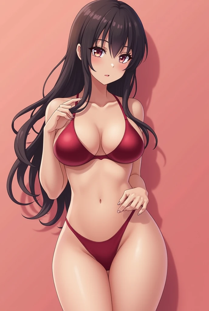 Create an anime character with a thin bra and thin panties with big boobs and ass, nymphomaniac sexualizing herself