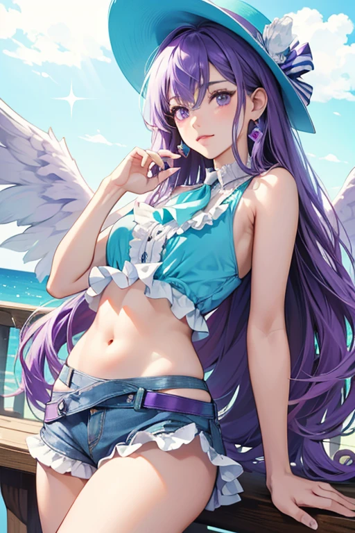 Accord has long, curled light purple curly hair that reaches her waist.  Her eye color is purple . A small pair of glasses sits on the bridge of her nose. She wears a long, white dress with cyan trim, a frilled ascot, indigo boots, and a round hat decorated with two wings at the front.

Her swimwear is a purple bikini.

Her riders attire is a cyan tank top that shows her belly button with white stripes, cyan shorts, and purple sneakers.  SPARKLE; GLITTER