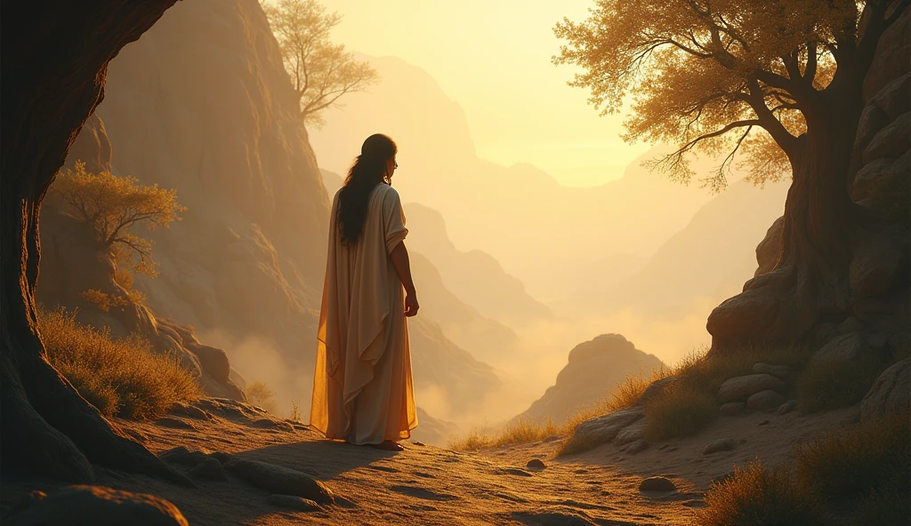A woman in a reflective scene set in an ancient and serene environment, depicting a life before the arrival of Cain – a life full of hope and simplicity, where connection with God and creation was the core of existence. In the foreground, a thoughtful figure, surrounded by the natural beauty of his world, symbolizing a time of purity and divine connection. The atmosphere is peaceful, with soft light illuminating the scene, capturing the feeling of introspection and the perception of the importance of choices and their impact on the future. The backdrop shows a vast, untouched landscape, symbolizing the innocence and harmony that once existed, while the figure reflects on the lessons of the past and the ever-present pursuit of God's purpose in every moment of life.