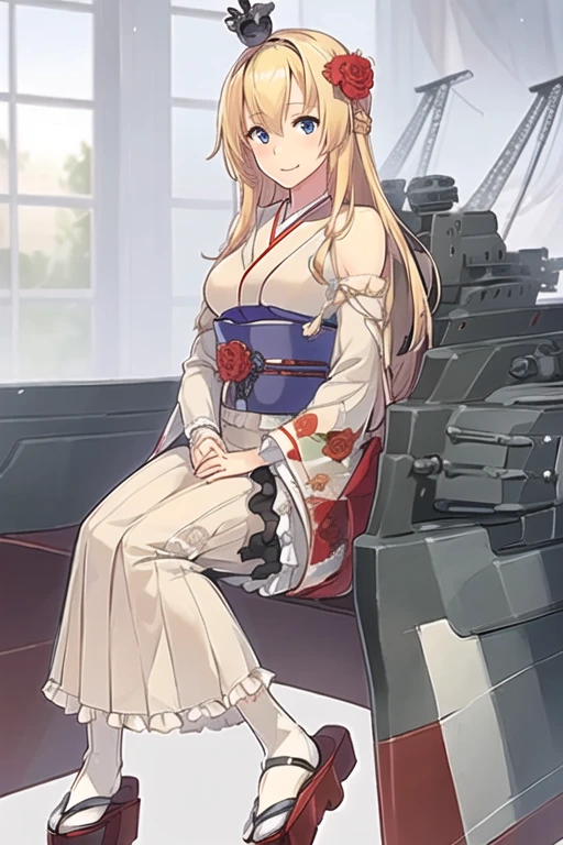 warspite \(kancolle\),((masterpiece)),(((best quality))),((ultra-detailed)),((illustration)),((disheveled hair)),((frills)),(1 girl),(solo),1girl, alternate costume, blonde hair, blue eyes, braid, closed mouth, crown, floral print, flower, hair between eyes, hair flower, hair ornament, hairband, japanese clothes, kimono, long hair, long sleeves, looking at viewer, machinery, mini crown, obi, red flower, red kimono, red rose, rose, sandals, sash, socks, solo, tabi, turret, wariza,  white legwear, wide sleeves, Wariza