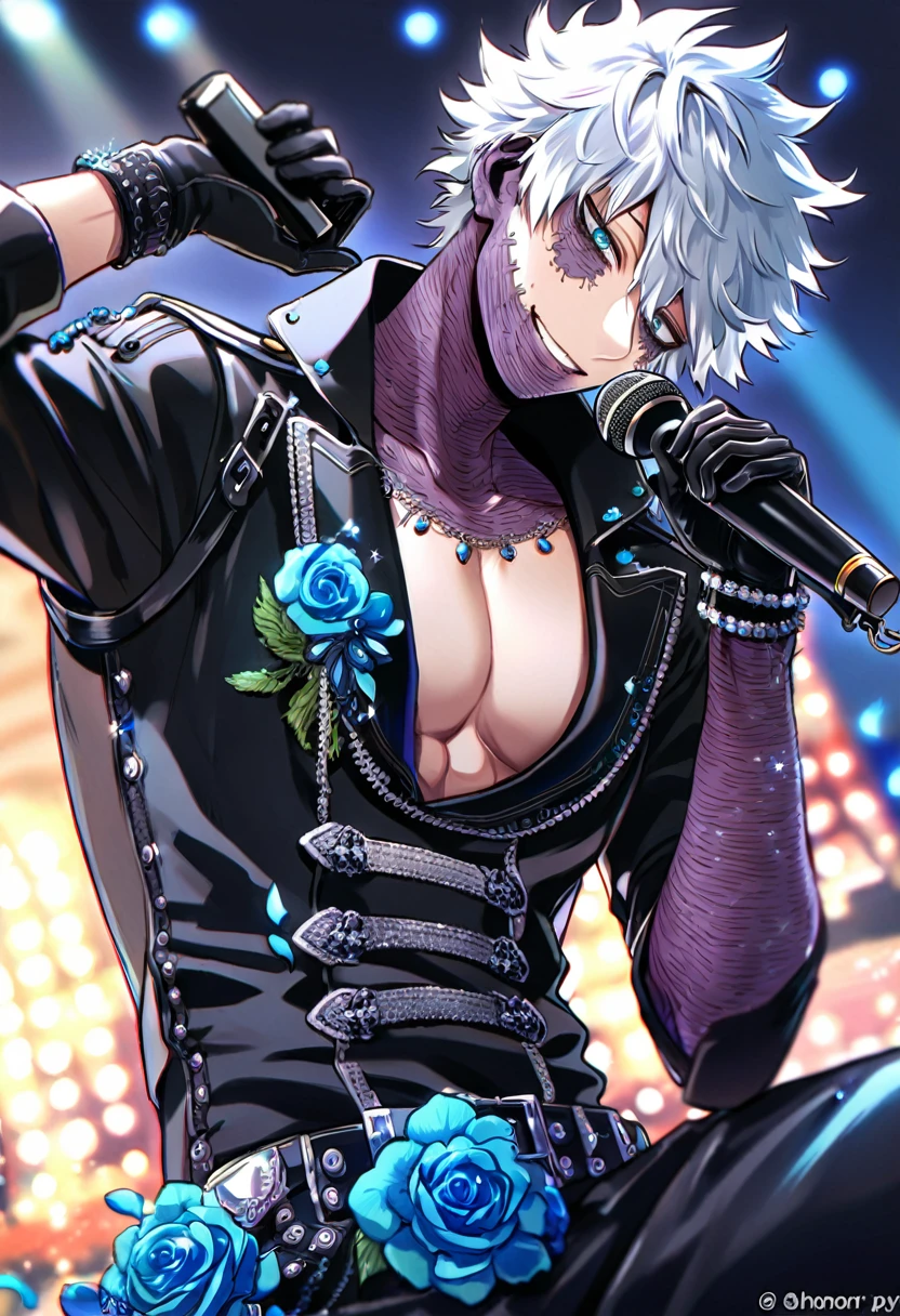 Ultra detailed, Highres, absurdres, HDR, master piece, Dabi, white hair, expressive turquoise eyes, Boku No Hero Academia, sexy man holding a microphone, sitting, solo, rocker, black rocker clothes with trimmings, blue petals, glittering, black gloves, blue flowers, sensual, fantasy, idol stage, concert, manly man, horny, erotic, close up, handsome smile, visual kei, black clothes, blue flames