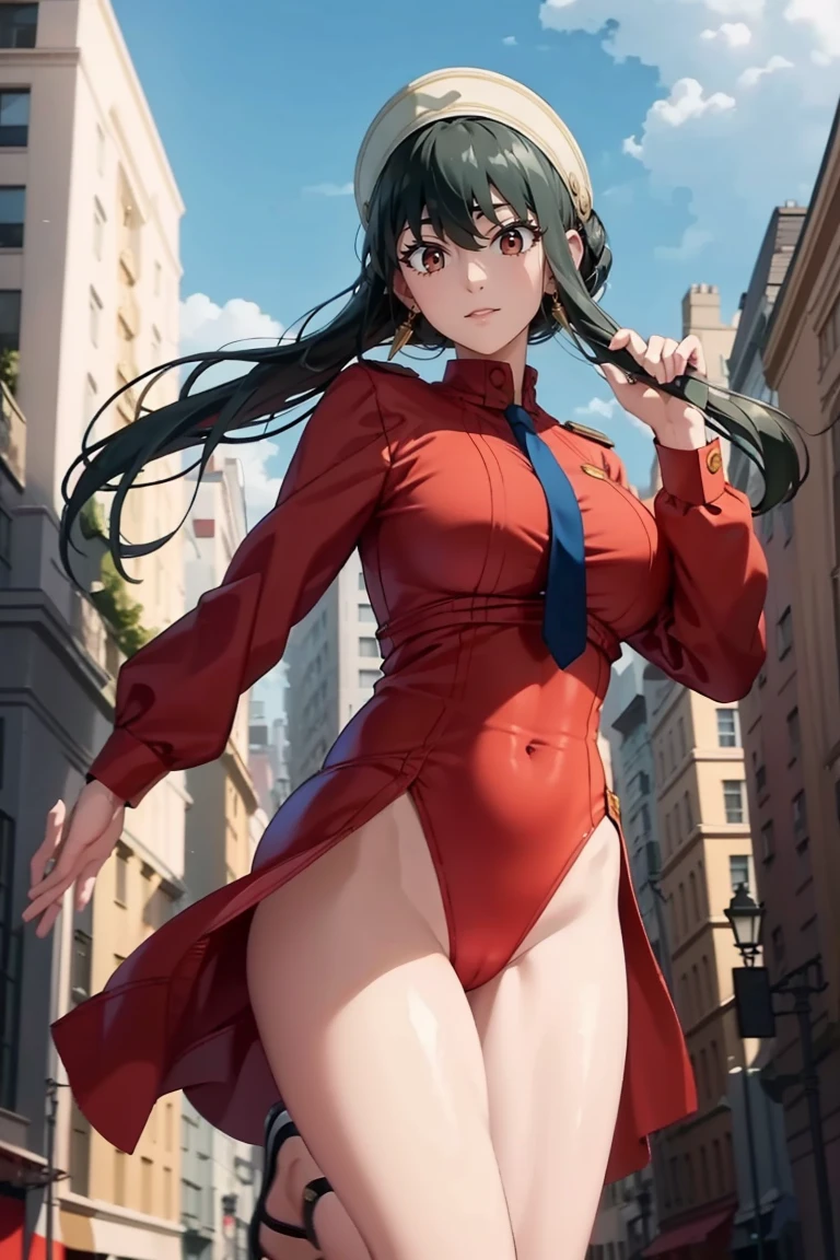 High resolution、masterpiece、1 girl in、Bjorf、A dark-haired、short hair with long locks、white headband、look for、Kamimei、bending forward、smile、bring your face closer、Red eyes、gold earrings, leotard blue, bare legs, blue police uniform, police hat, long sleeve, tie, in the city,