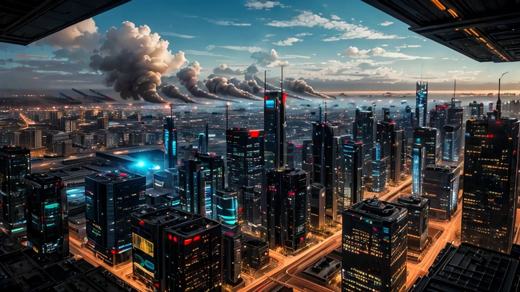 a GIRL with black sunglasses, a balcony of a futuristic building, aerial view of an ultra-futuristic megalopolis, many metal buildings and houses in dark colors from dark blue to black, a cidade tem tons de cinza metal, has smoky metal structures , industrial environment with smoke and fog around, carros escuros nas ruas, desert megalopolis, trilhos e trens modernos de de metal passando estre as ruas da cidade, tall futuristic metal buildings, many ultra modern buildings around, realistic, detailed, Science fiction