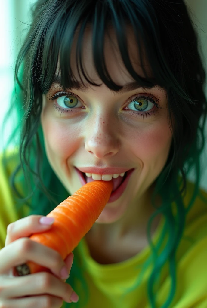 Billie Eilish licking a carrot looking into your eyes 