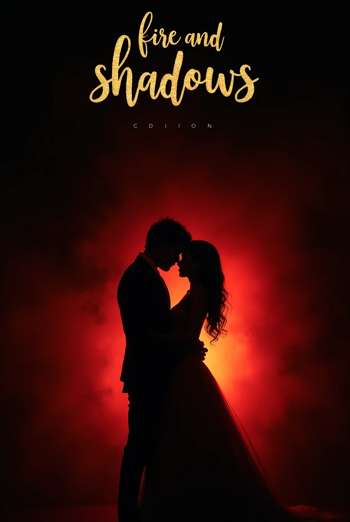 • Bottom: A gradient from red to black.
•	Imagen principal: A silhouette of a couple in a sensual pose and in a suggestive embrace in the center.
• Title: "fire and shadows" in gold cursive font at the top.
• Author: [p.iron] at the bottom in white.
