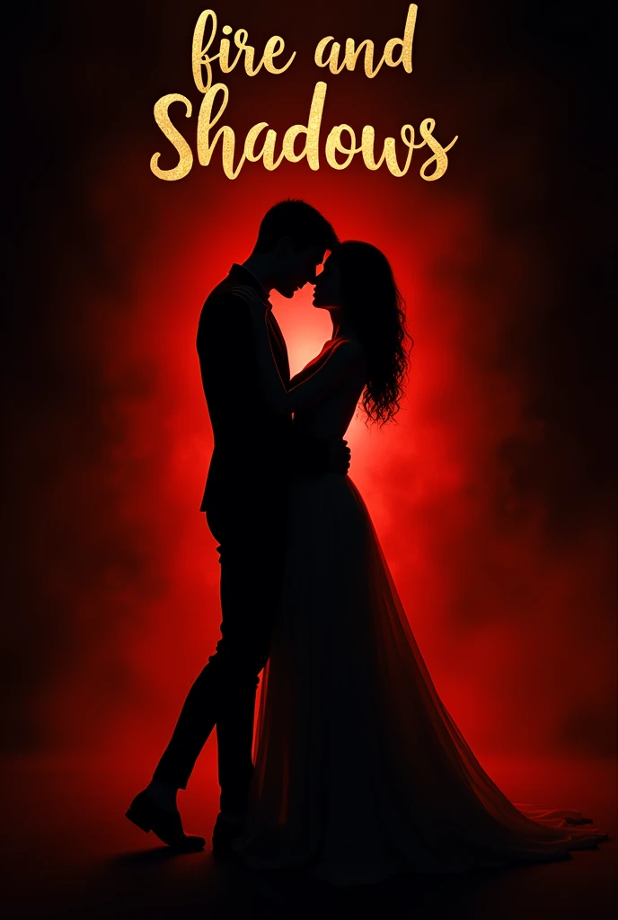 • Bottom: A gradient from red to black.
•	Imagen principal: A silhouette of a couple in a sensual pose and in a suggestive embrace in the center.
• Title: "fire and shadows" in gold cursive font at the top.
• Author: [p.iron] at the bottom in white.
