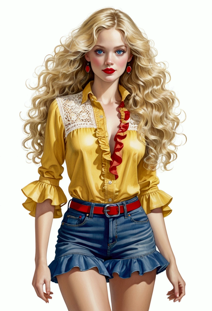 full body view, yellow blouse and denim short skirt, ,ruffles, lace,very realistic illustration, beautiful woman, blond long wavy hair, blue eyes, light makeup, red lipstick, very detailed accessories, ,white background. by Jerry Pinkney art style.