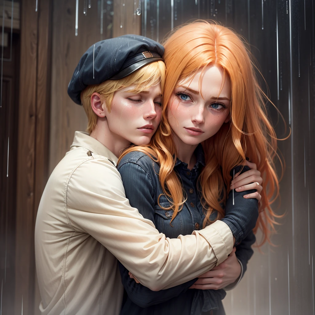 a blond man ,hugging a crying redheaded woman, in the rain