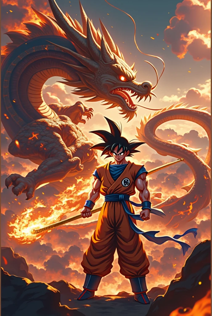 Goku rides on the head of a huge armored dragon,Goku focus,holding his golden staff in one hand,pointing forward to attack,fine details,Goku's fire-breathing eyes,intense scenes,behind him,stands the Sun God,all red flames,forming a strong contrast between light and dark. The background features dark clouds and smoke with clear detail,the background features monsters and demons that appear in hell with smoke rising from underneath them,strong contrast between light and dark,high resolution,rich detail,high quality,with the style of Chinese mythology,seeing through the whole body,fine detail and high resolution,high quality,the best quality,high resolution,extremely detailed CG,Perfect lighting,8k wallpaper,