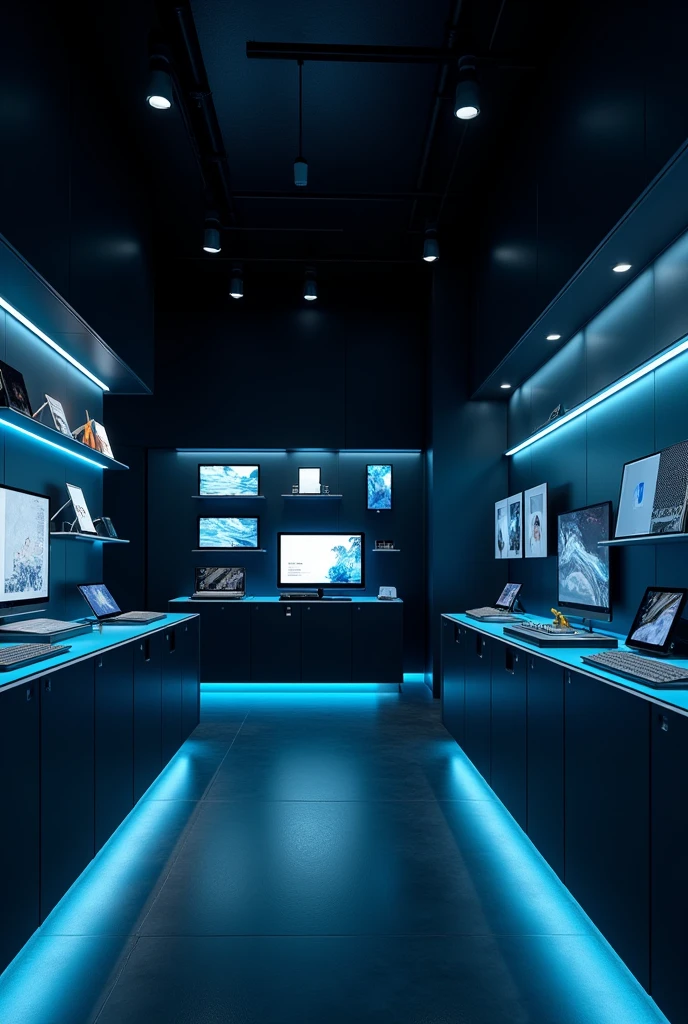 Modern electronics store with no people inside, black with blue lights