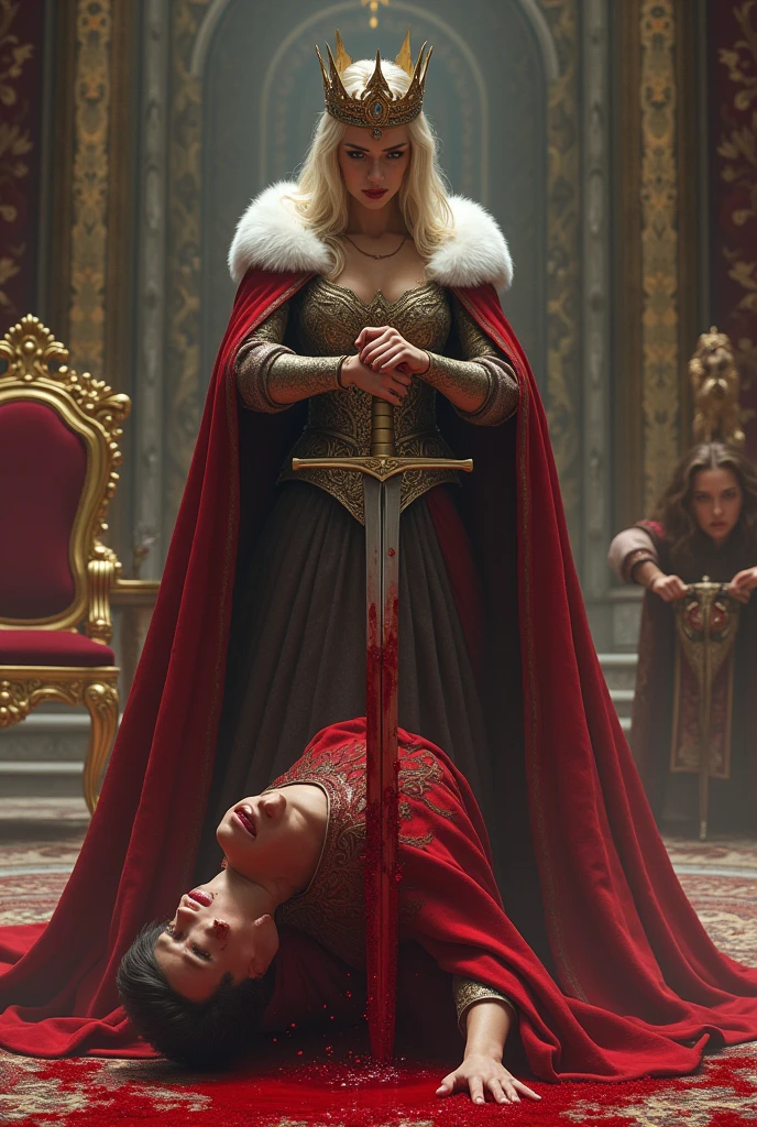 A queen stabbing a sword into the heart of a prince with a lot of blood 