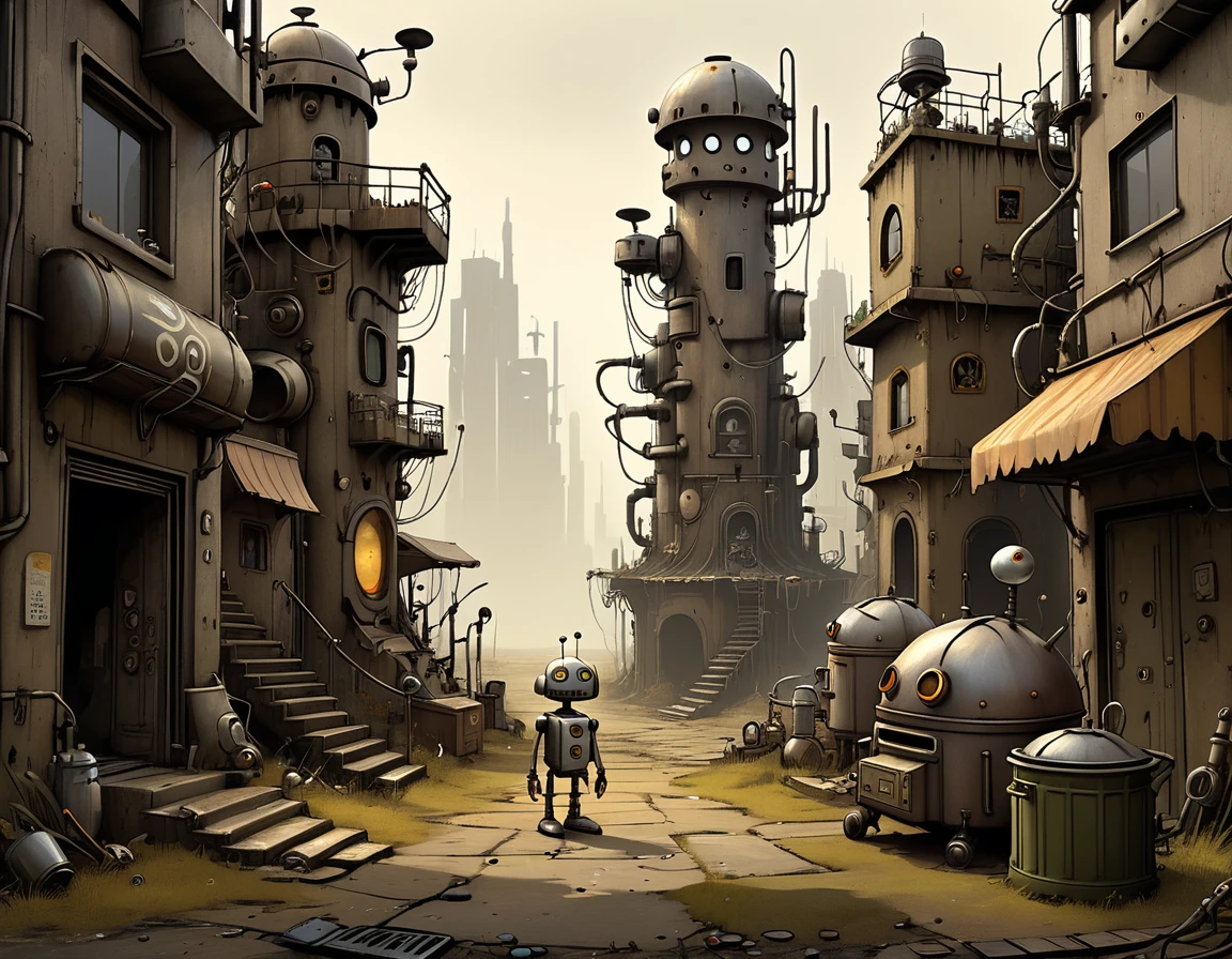 Create a full-body 3D-inspired image of a small cartoon character Josef from the 2009 game Machinarium. The character should be pathetic, blasé, and funny, thinkful but clumsy, with detailed original robotic features in a dystopian futuristic labyrinthine city, with lots of metal structures, columns, doors, stairs going up and down, scrap metal scattered around, and trash cans full of junk, surreal textures, and dynamic lighting that enhance the atmospheric, retro-futuristic setting. The environment should be menacing and mysterious, yet calm and playful. calm and bucolic composition, samorost and machinarium style cartoon