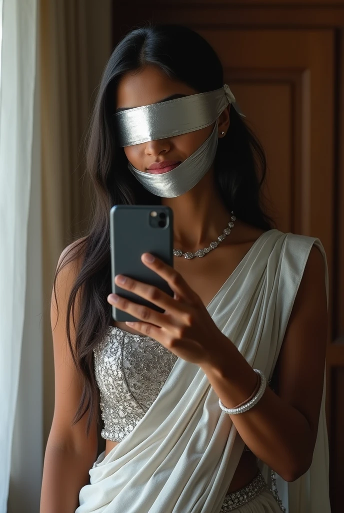Aesthetic Indian Girl blindfolded Duct tape gagged in sexy silver shimmering prom saree Taking selfie