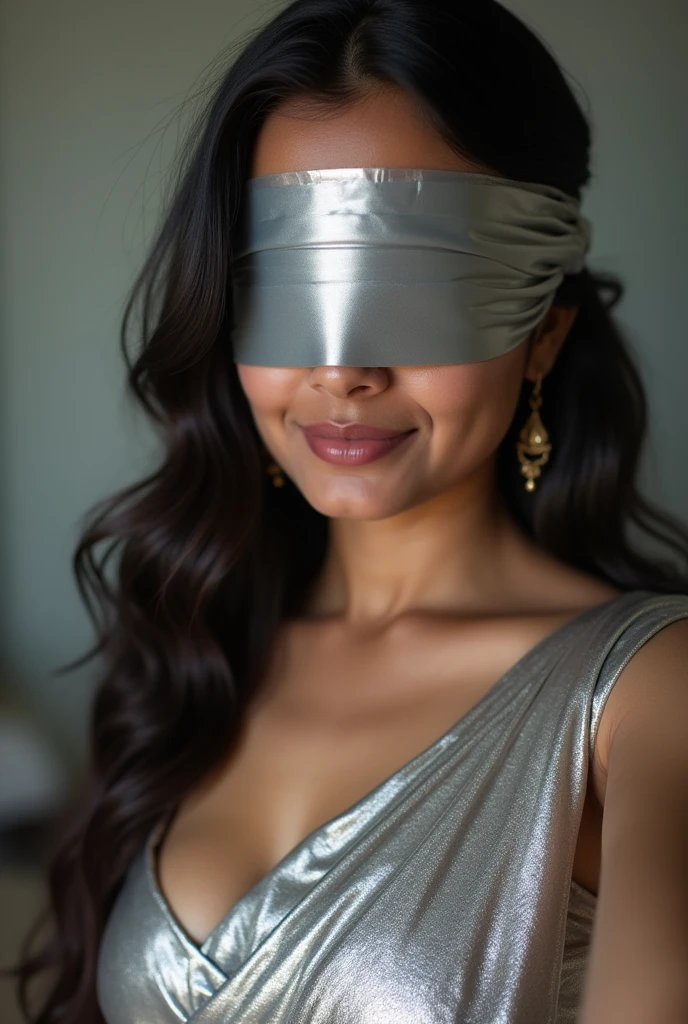Aesthetic Indian Girl blindfolded Duct tape gagged in sexy silver shimmering prom saree Taking selfie