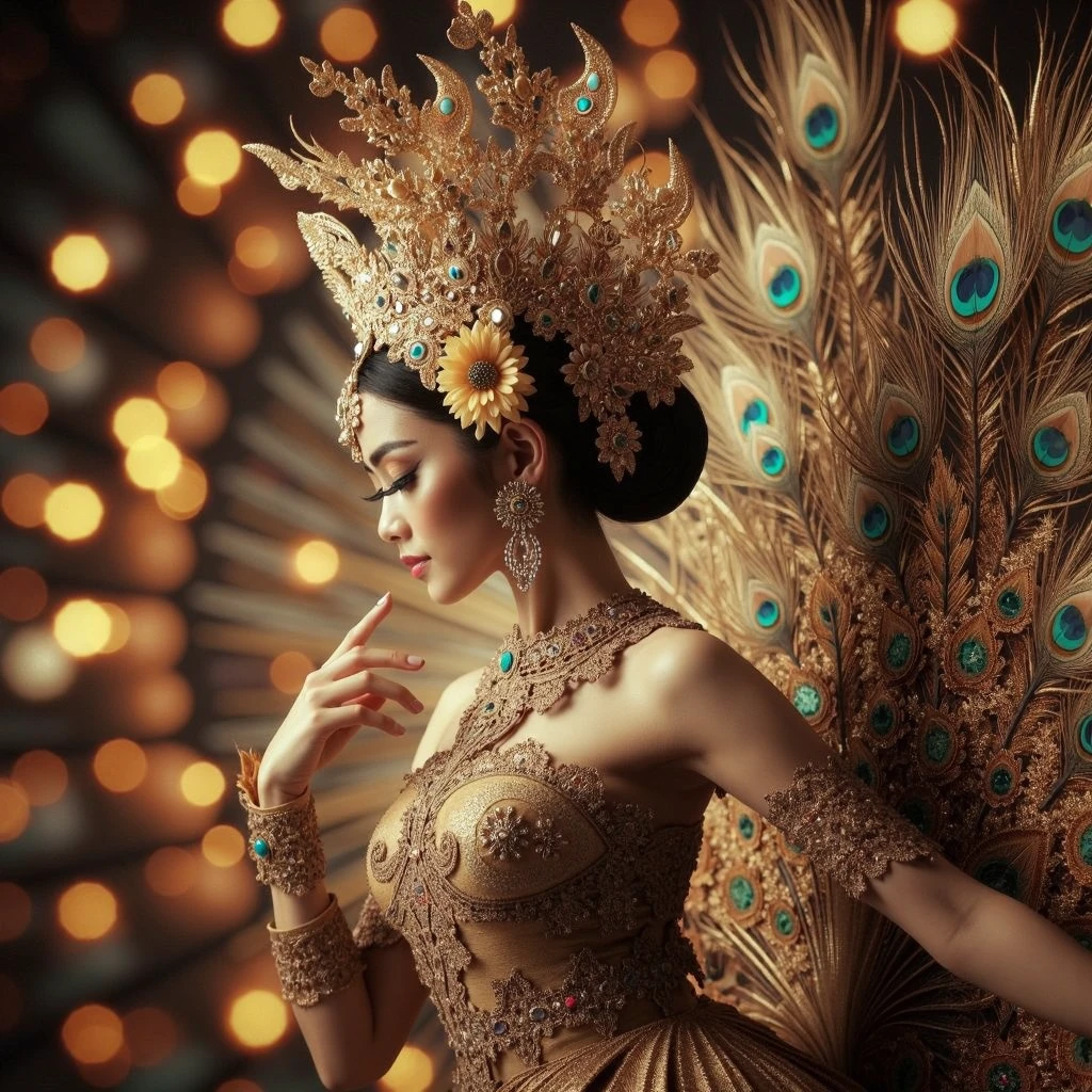 Masterpiece Luxurious Picture of a graceful beautiful Sundanese Peacock Dance Dancer with iconic ornated peacock tiara, bokeh, shallow depth of field