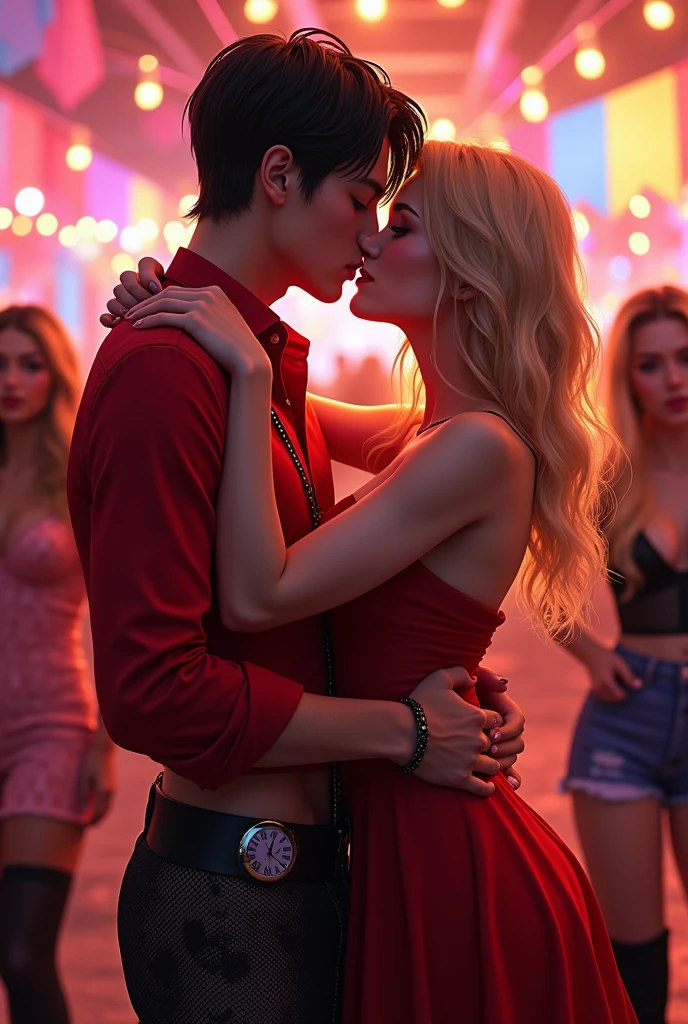 Human Hair: short eyes: Coffee Hair Color: black CLOTHING: shirt and jeans Color of the clothes: the red shirt and net pants Accessories:a clock Age:36 years Place:A Gender Party: masculine
*With the girl with blonde hair,by the wide,red dress black boots blue eyes.*
*That they are kissing.*