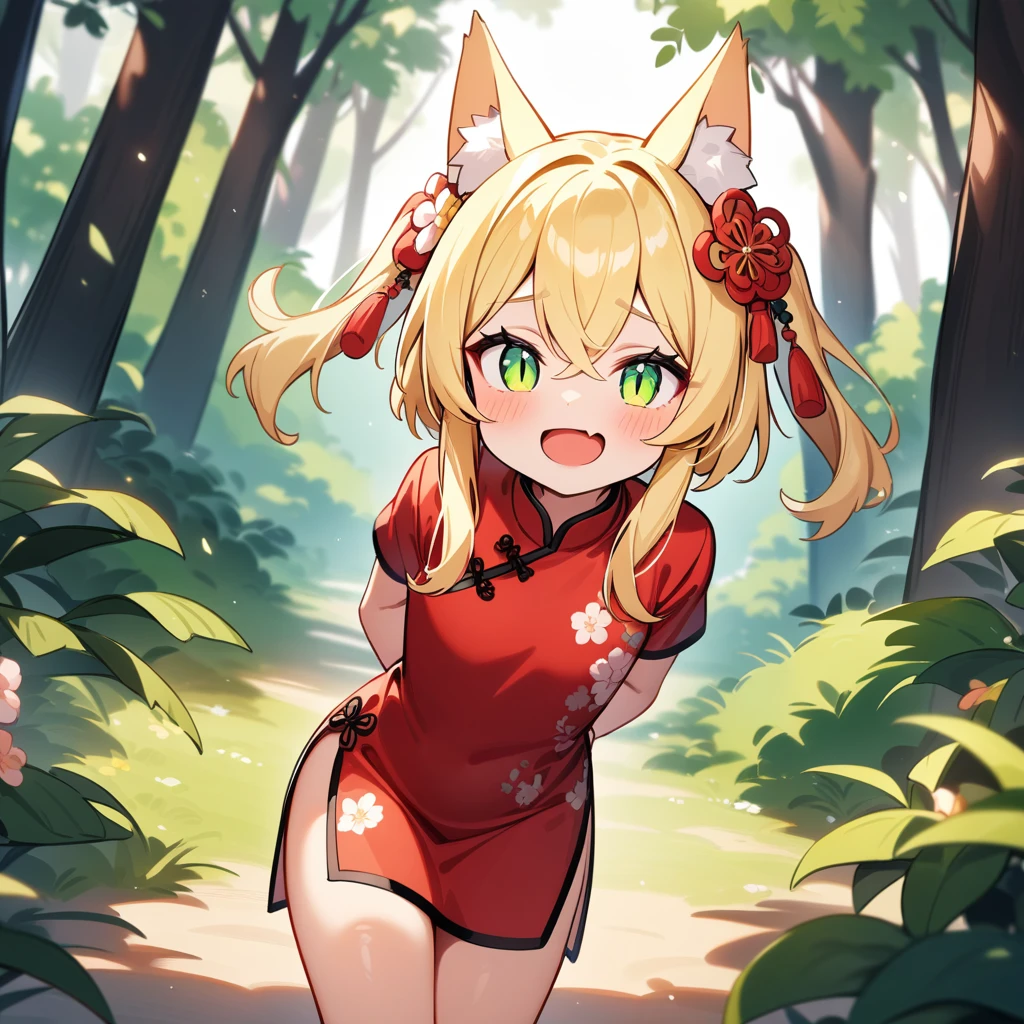 （masterpiece：1.2，high quality），4K，High resolution，A seven-year-old girl，cute girl，blonde hair，long hair， hair two side up ，kanzashi，crossed bangs，green eyes，slit pupils，fox ears，laughing，skin fang，Wearing a china dress，Stand in the forest，There are flowering trees on both sides.，primary school student，thigh，alone，((Hands behind your back))