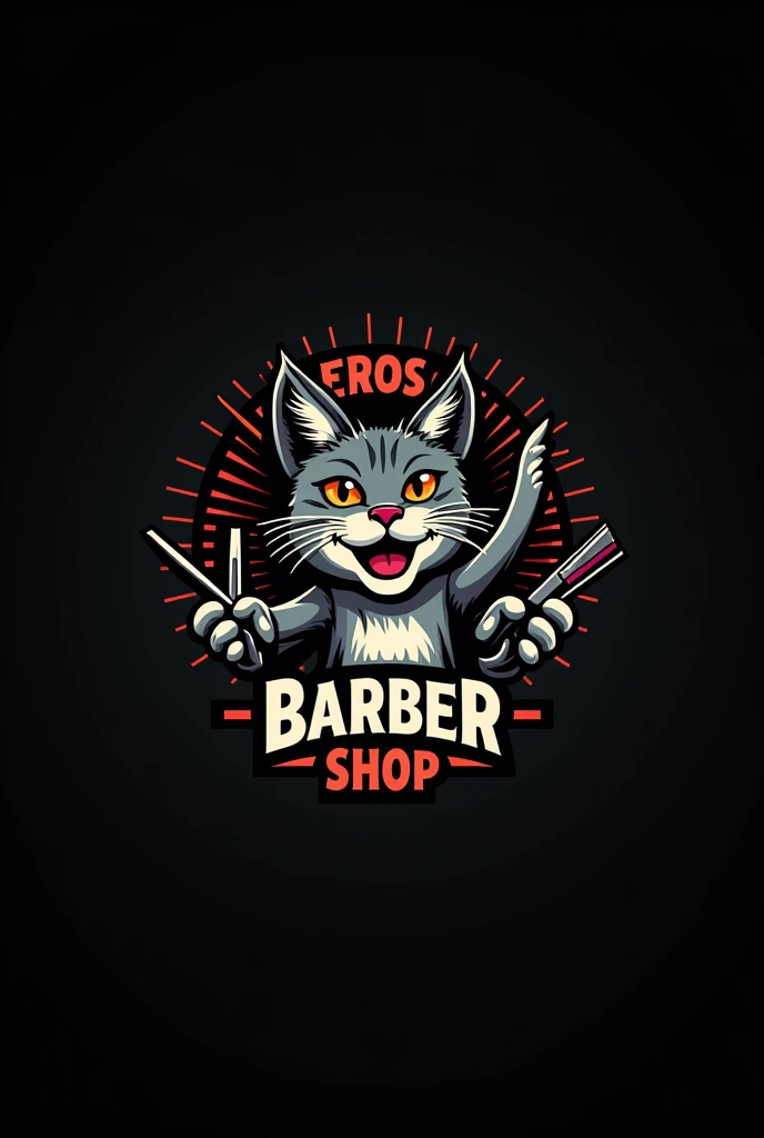 Logo for a barbershop that says Eros barber shop with urban style letters that has a gray tabby cat with hair cutting scissors and beard razors
