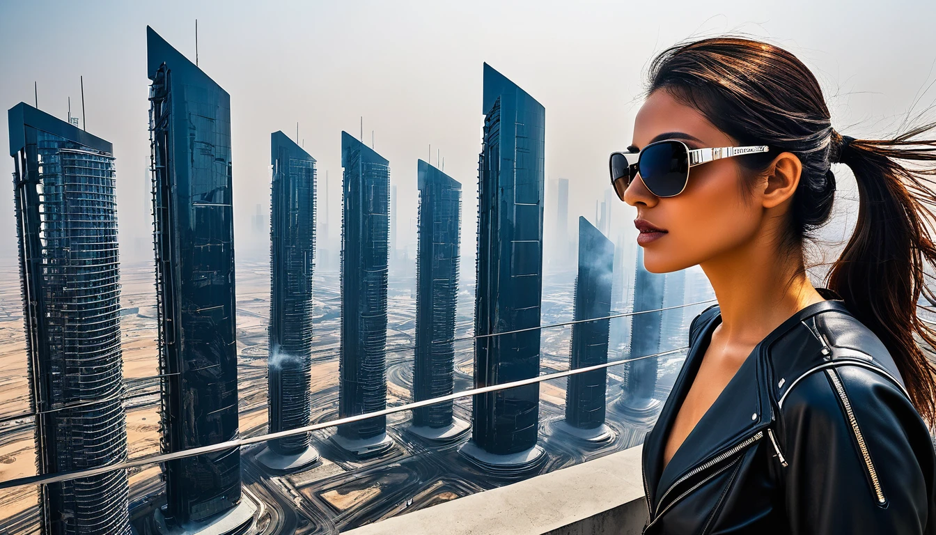 a GIRL with black sunglasses, a balcony of a futuristic building, aerial view of an ultra-futuristic megalopolis, many metal buildings and houses in dark colors from dark blue to black, a cidade tem tons de cinza metal, has smoky metal structures , industrial environment with smoke and fog around, carros escuros nas ruas, desert megalopolis, trilhos e trens modernos de de metal passando estre as ruas da cidade, tall futuristic metal buildings, many ultra modern buildings around, realistic, detailed, Science fiction