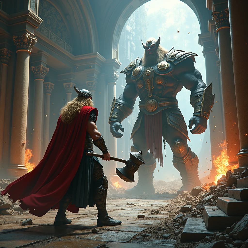 Thor, a powerful god defeating Thrym, Norse mythology, in battle armor holding Mjolnir, the giant’s hall, striking down Thrym and his kin, with the hall in chaos and destruction in the background, action shot, hyper-realistic, photo realism, cinematography --ar 1:1